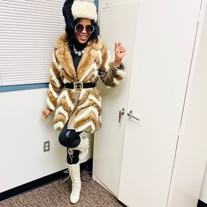 Unique brown & cream white Mink & leather Coat S-M